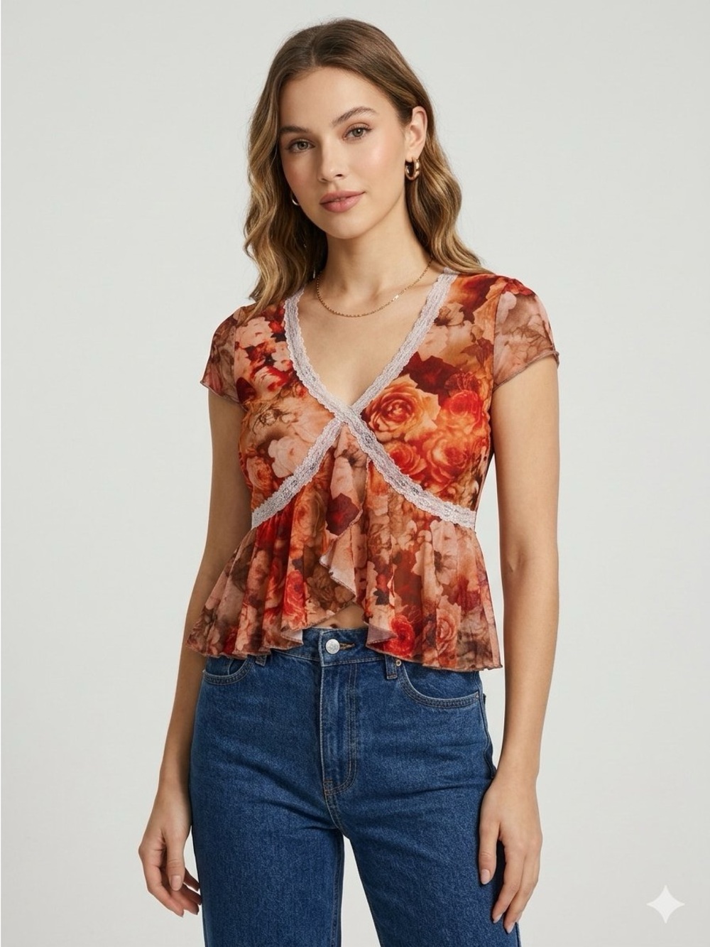 Rebellious Dreamer Floral Sheer Mesh Lace-Trim V-Neck Top